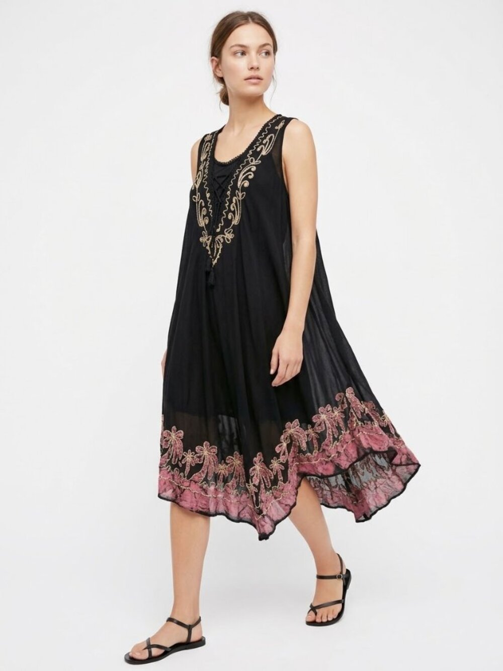 Clearance Highness Dress Black Embroidered Sleeveless Festival Shift OSFM